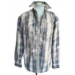 Distressed Upcycled Plaid Button-Up Shirt Jacket | Size Mens M